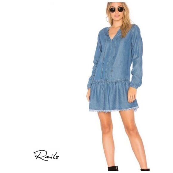 Rails denim chambray ruffle dress size medium long sleeve breathable 100% lyocel - Picture 1 of 8